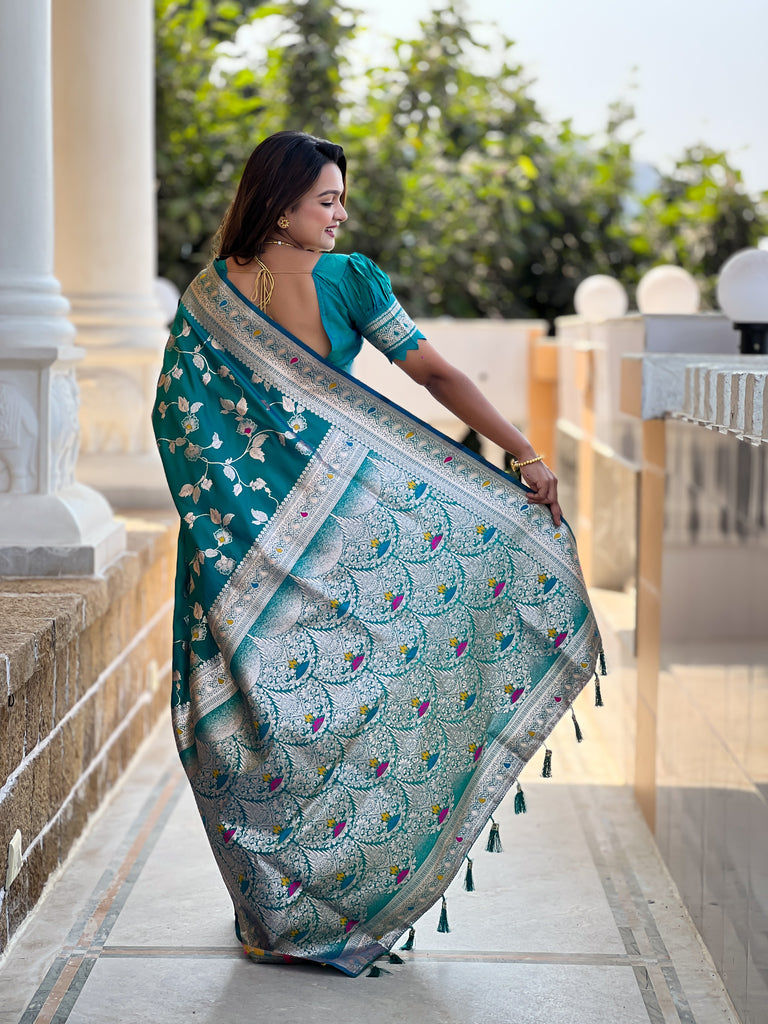 Rama Meenakari Banarasi Silk Saree With Silk Blouse Piece