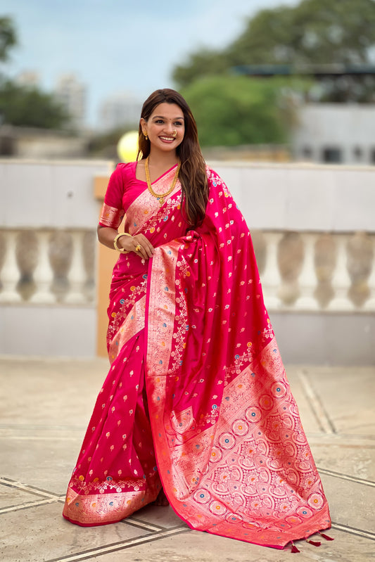 Pink Graceful Meena Banarasi Silk Saree With Blouse Piece