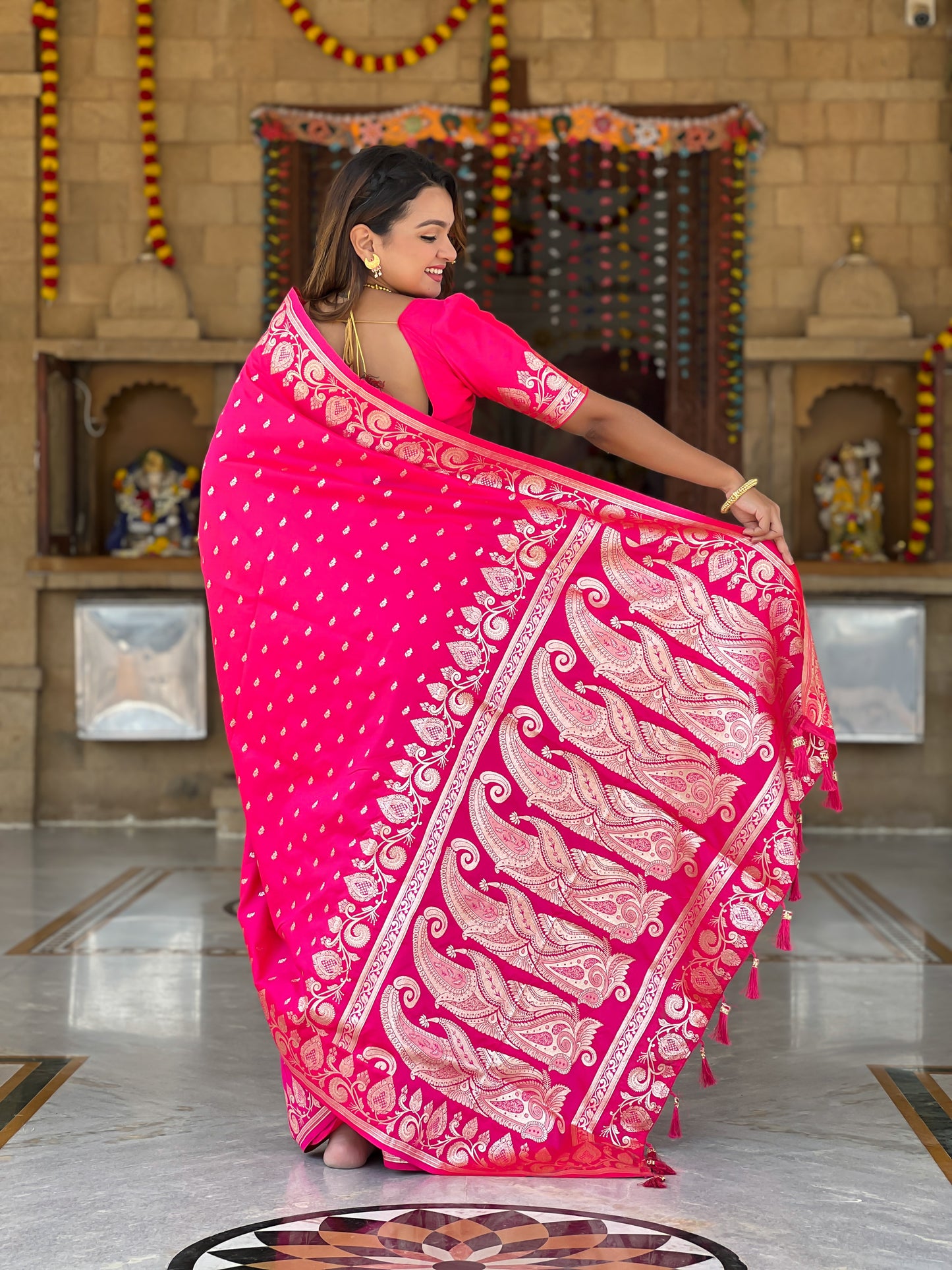 Pink Unique Meena Banarasi Silk Saree With Blouse Piece