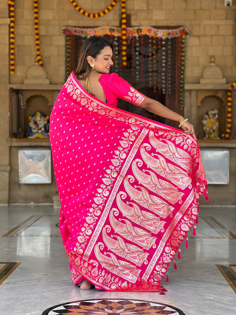 Pink Unique Meena Banarasi Silk Saree With Blouse Piece
