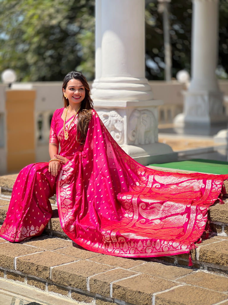 Pink Unique Meena Banarasi Silk Saree With Blouse Piece