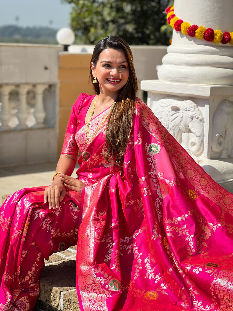 Rani Pink Graceful Trending Banarasi Silk Saree With Blouse Piece