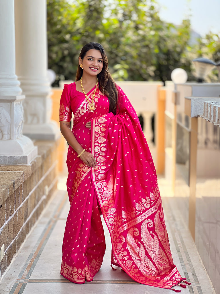 Pink Unique Meena Banarasi Silk Saree With Blouse Piece