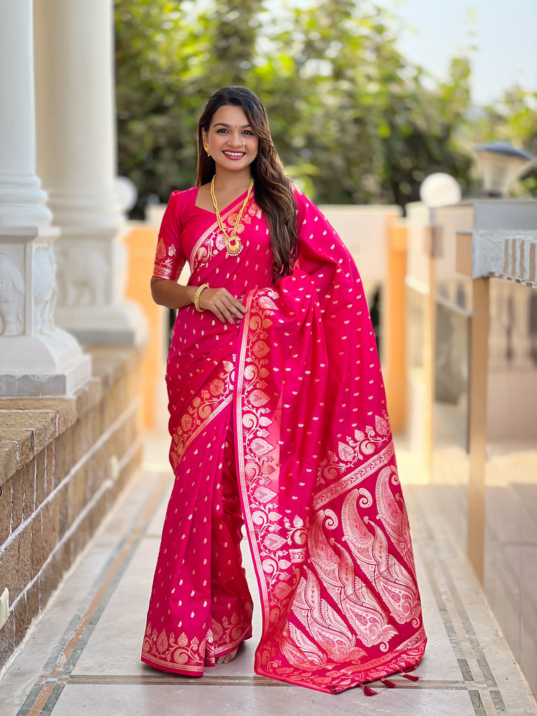 Pink Unique Meena Banarasi Silk Saree With Blouse Piece