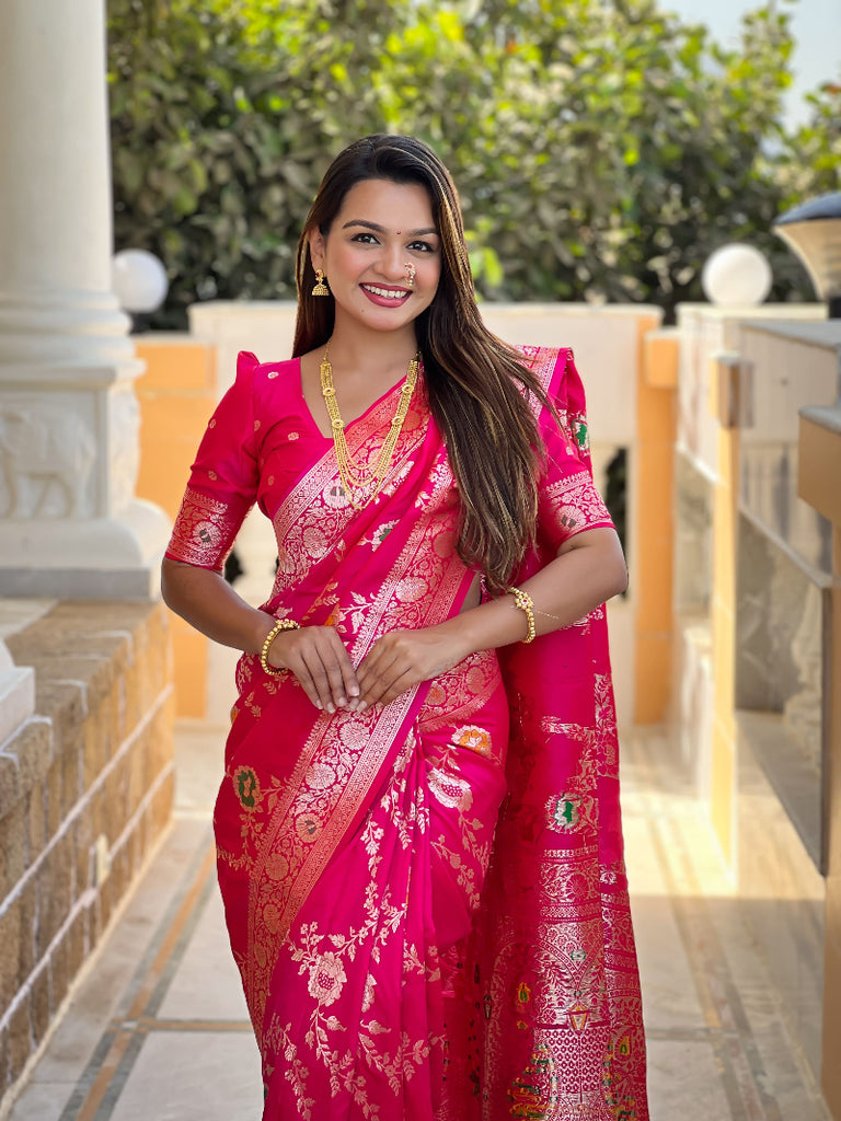 Rani Pink Graceful Trending Banarasi Silk Saree With Blouse Piece