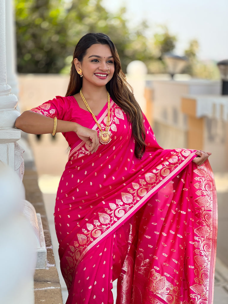 Pink Unique Meena Banarasi Silk Saree With Blouse Piece