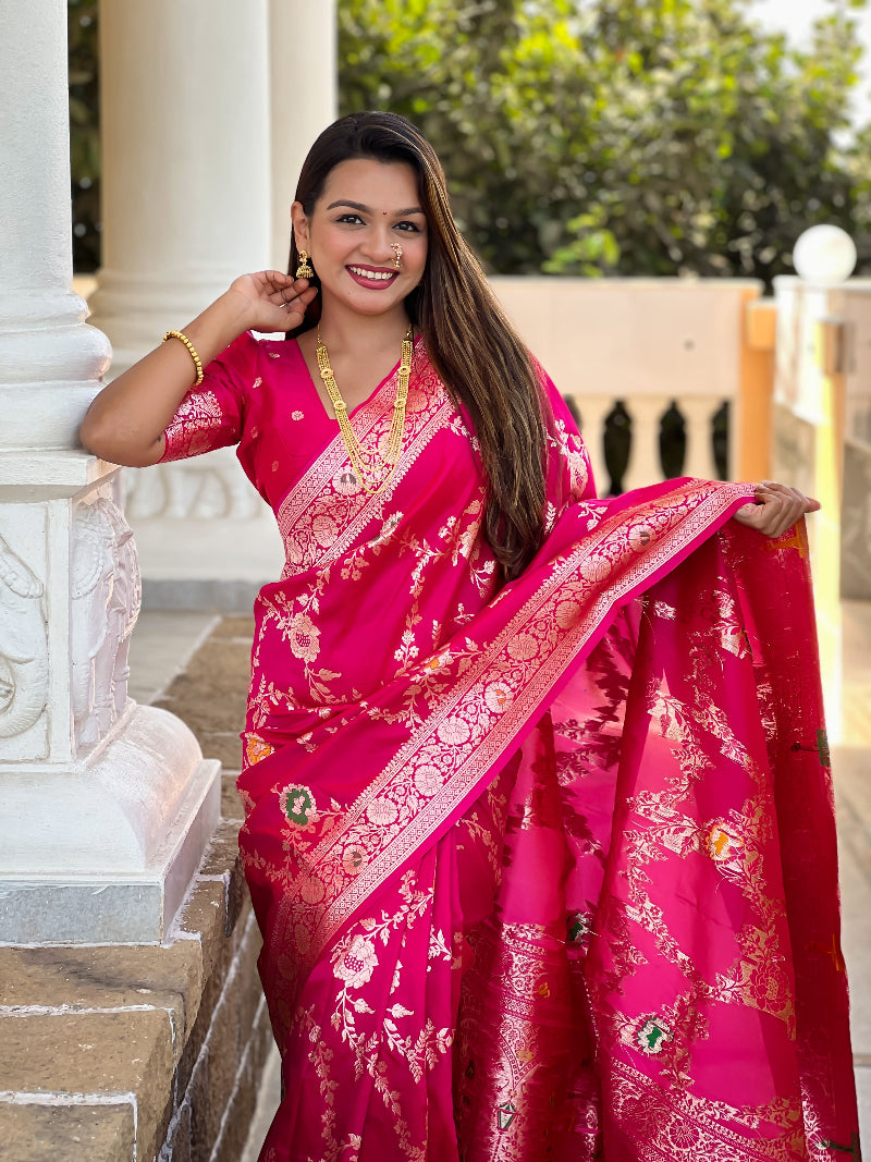 Rani Pink Graceful Trending Banarasi Silk Saree With Blouse Piece