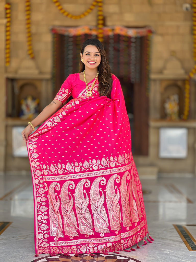Pink Unique Meena Banarasi Silk Saree With Blouse Piece