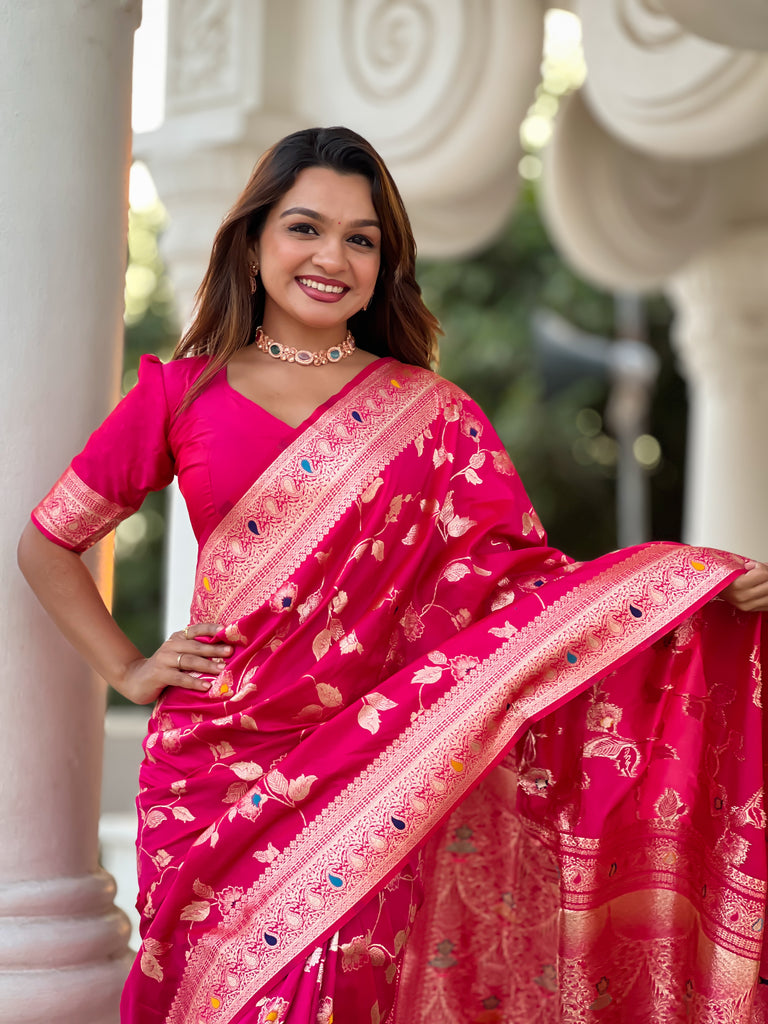 Rani Pink Meenakari Banarasi Silk Saree With Silk Blouse Piece