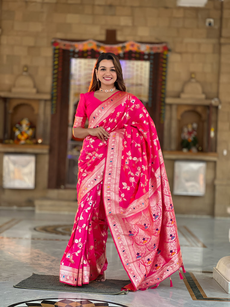 Rani Pink Meenakari Banarasi Silk Saree With Silk Blouse Piece