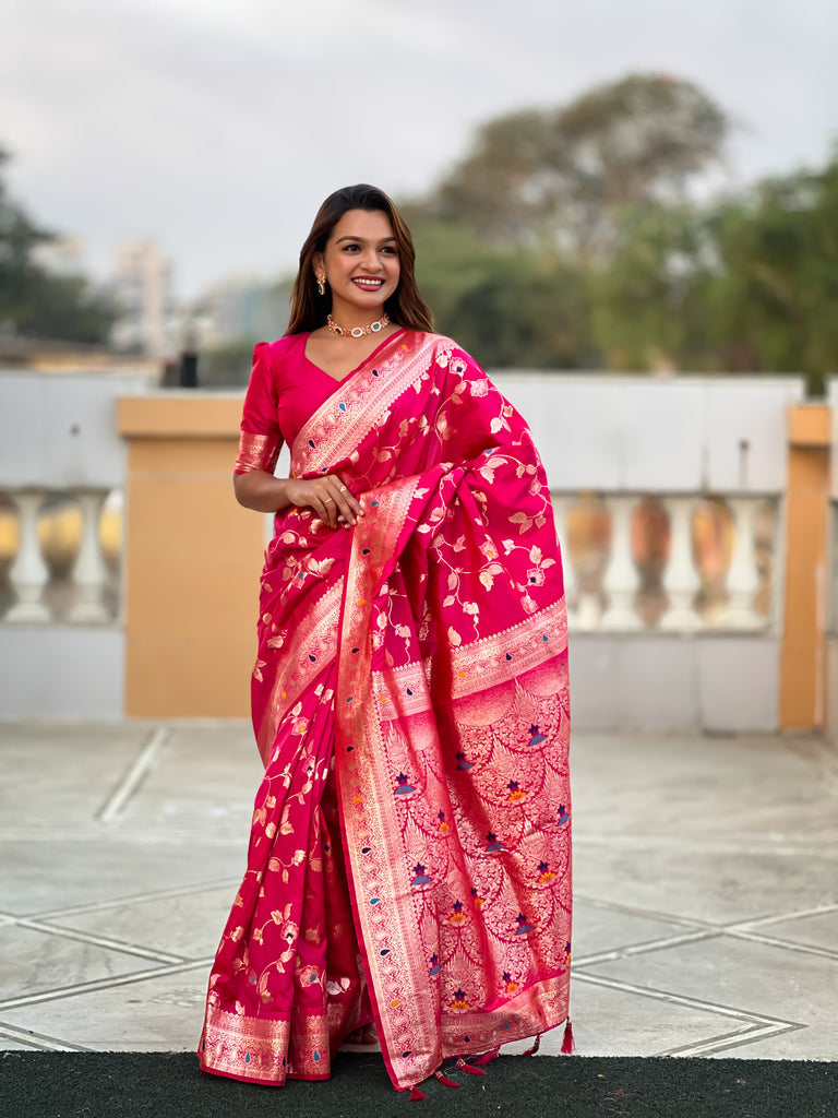 Rani Pink Meenakari Banarasi Silk Saree With Silk Blouse Piece