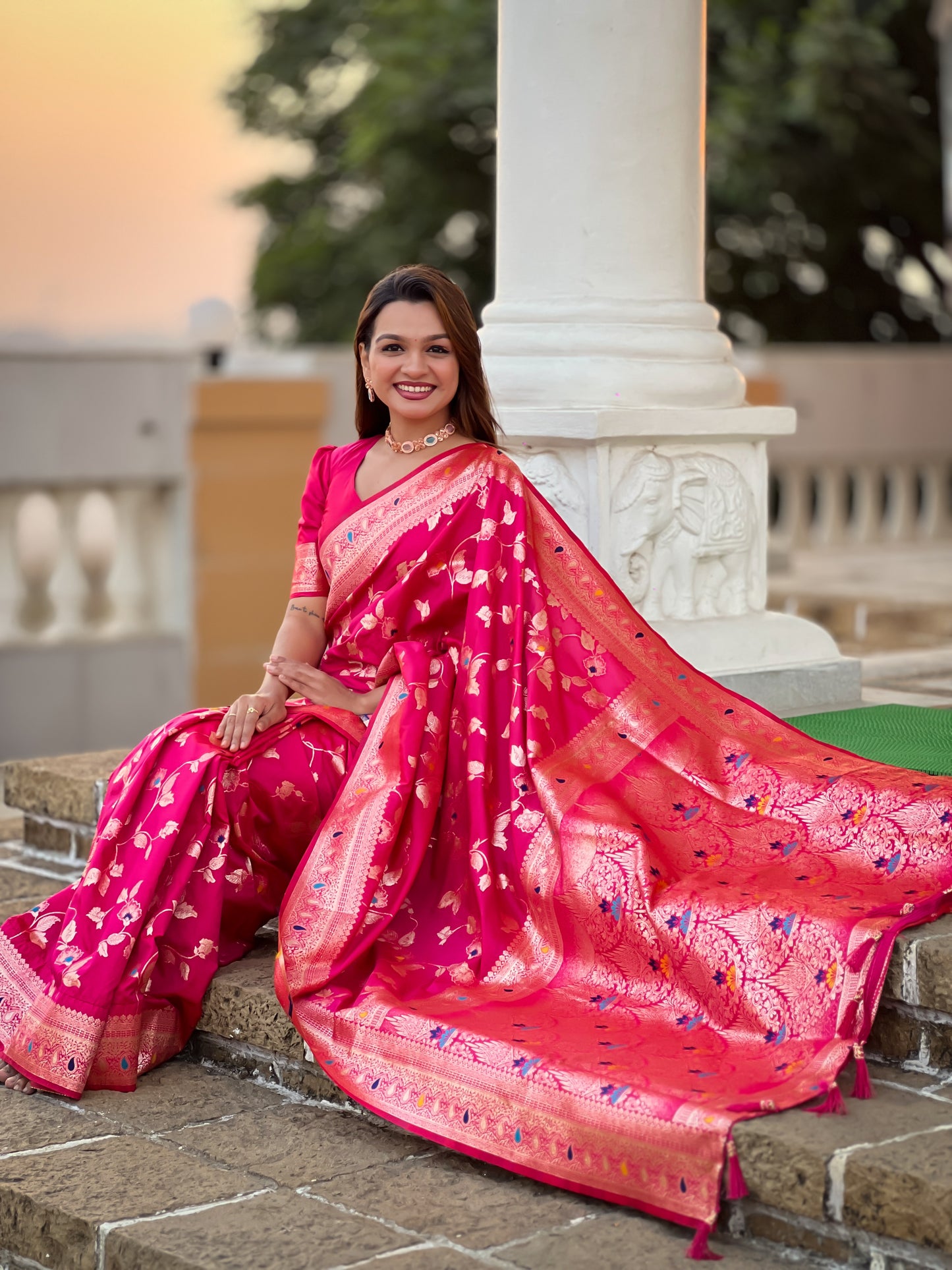 Rani Pink Meenakari Banarasi Silk Saree With Silk Blouse Piece