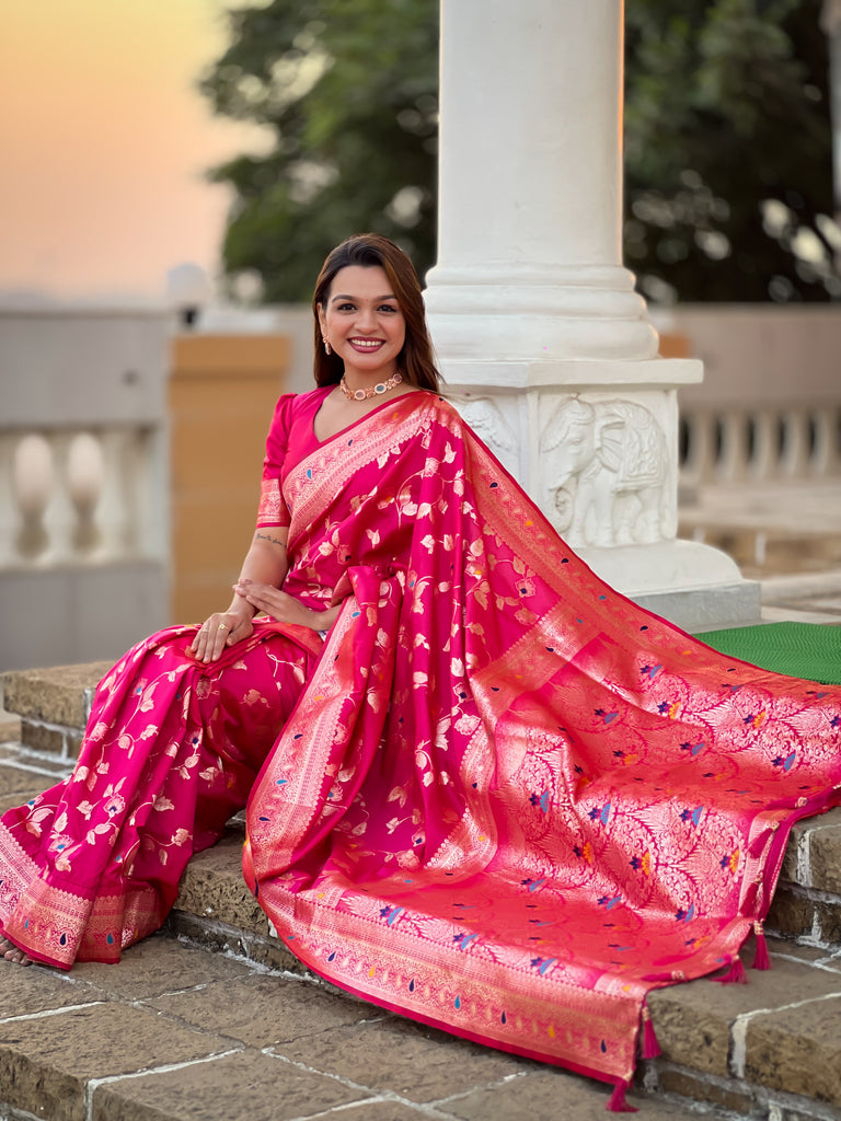 Rani Pink Meenakari Banarasi Silk Saree With Silk Blouse Piece