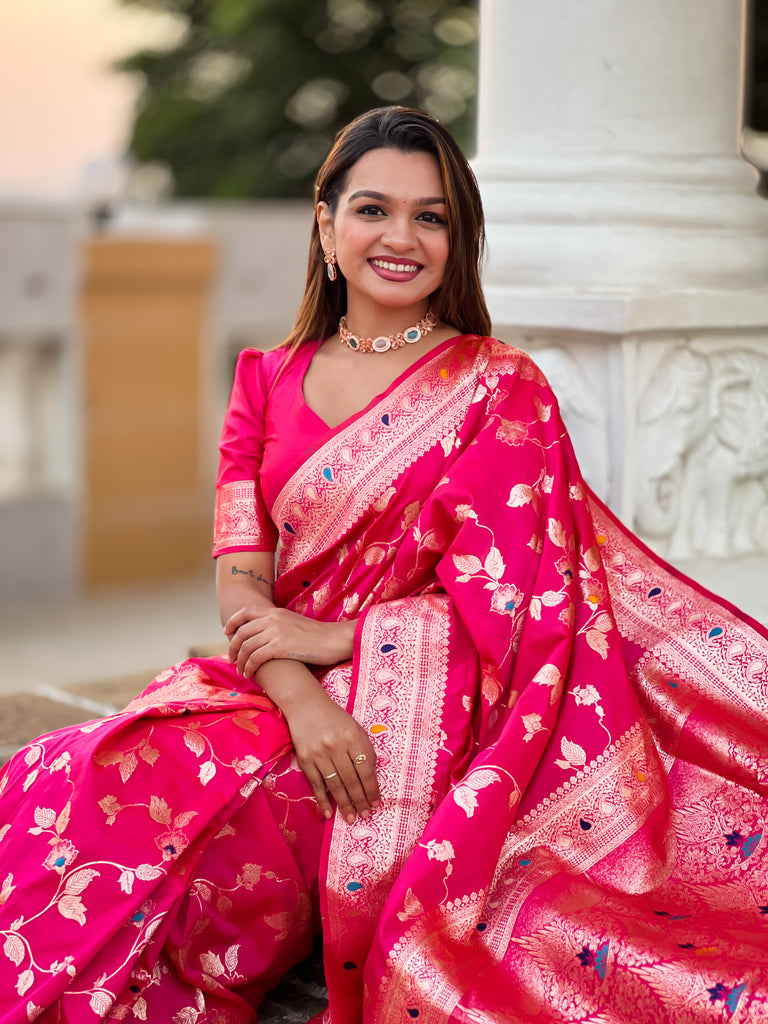 Rani Pink Meenakari Banarasi Silk Saree With Silk Blouse Piece