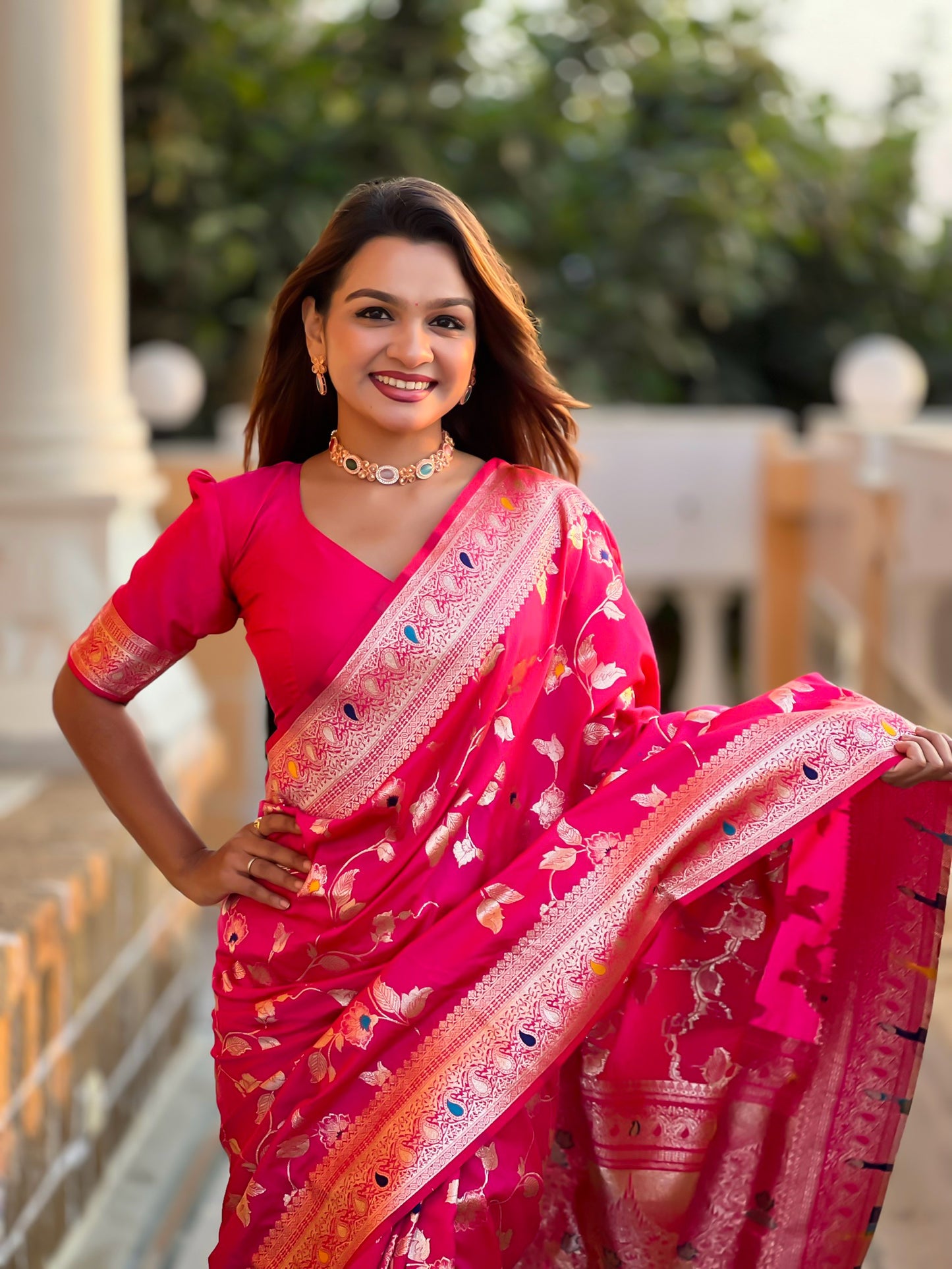 Rani Pink Meenakari Banarasi Silk Saree With Silk Blouse Piece