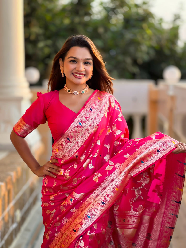 Rani Pink Meenakari Banarasi Silk Saree With Silk Blouse Piece