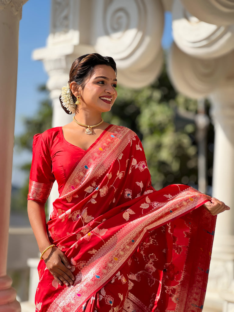 Red Meenakari Banarasi Silk Saree With Silk Blouse Piece