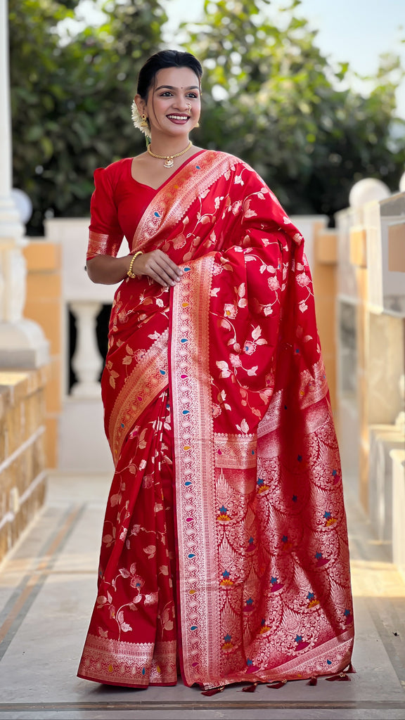 Red Meenakari Banarasi Silk Saree With Silk Blouse Piece