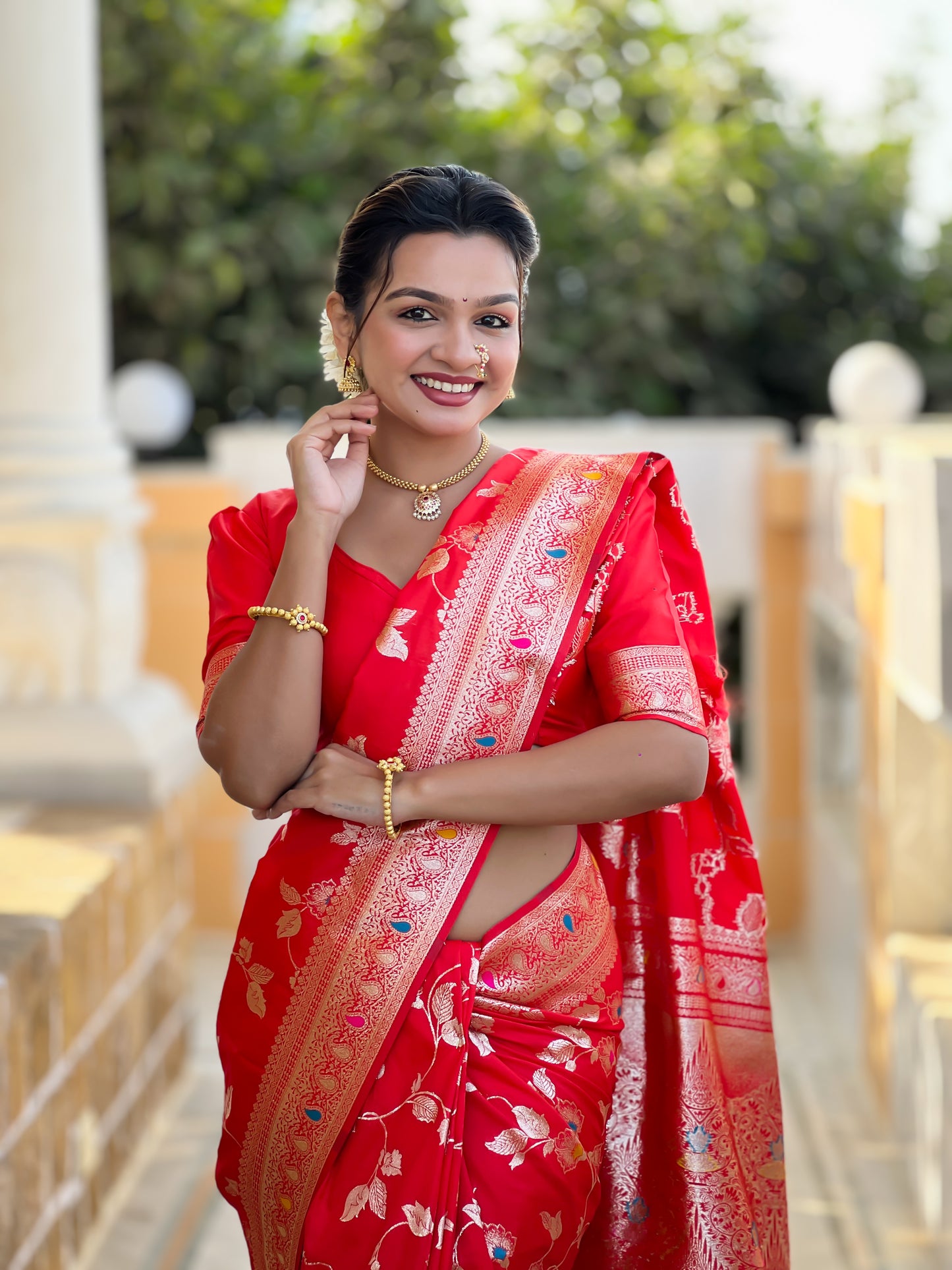 Red Meenakari Banarasi Silk Saree With Silk Blouse Piece
