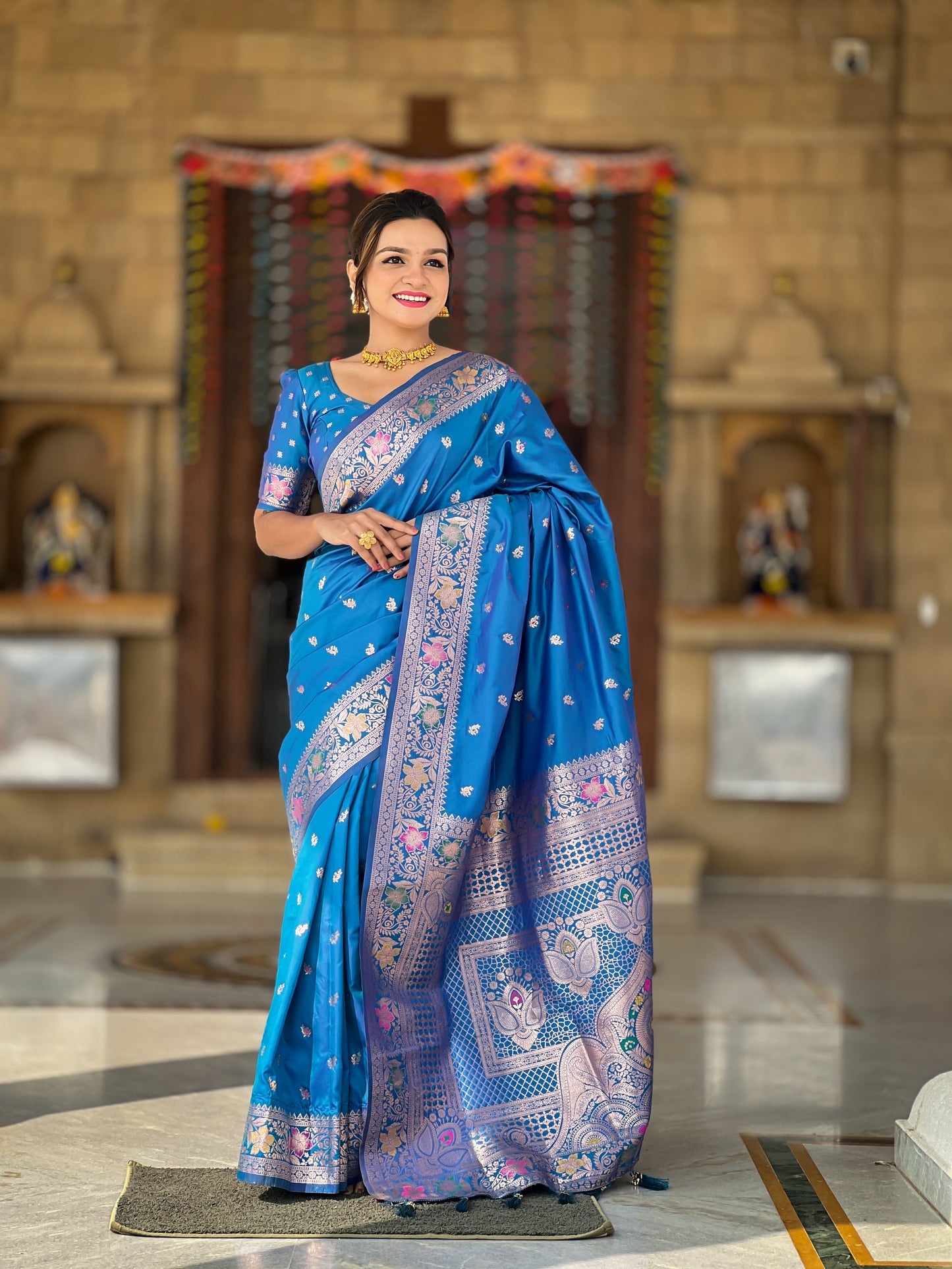 Sky Blue Zari Weaving Banarasi Saree With Blouse Piece