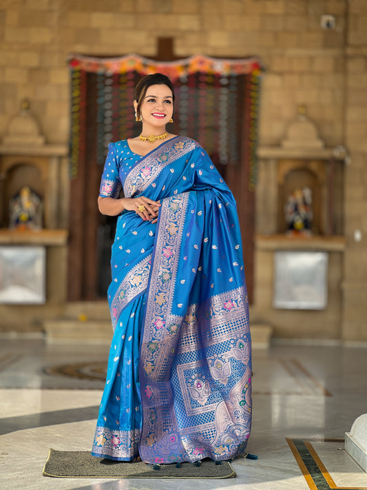 Sky Blue Zari Weaving Banarasi Saree With Blouse Piece