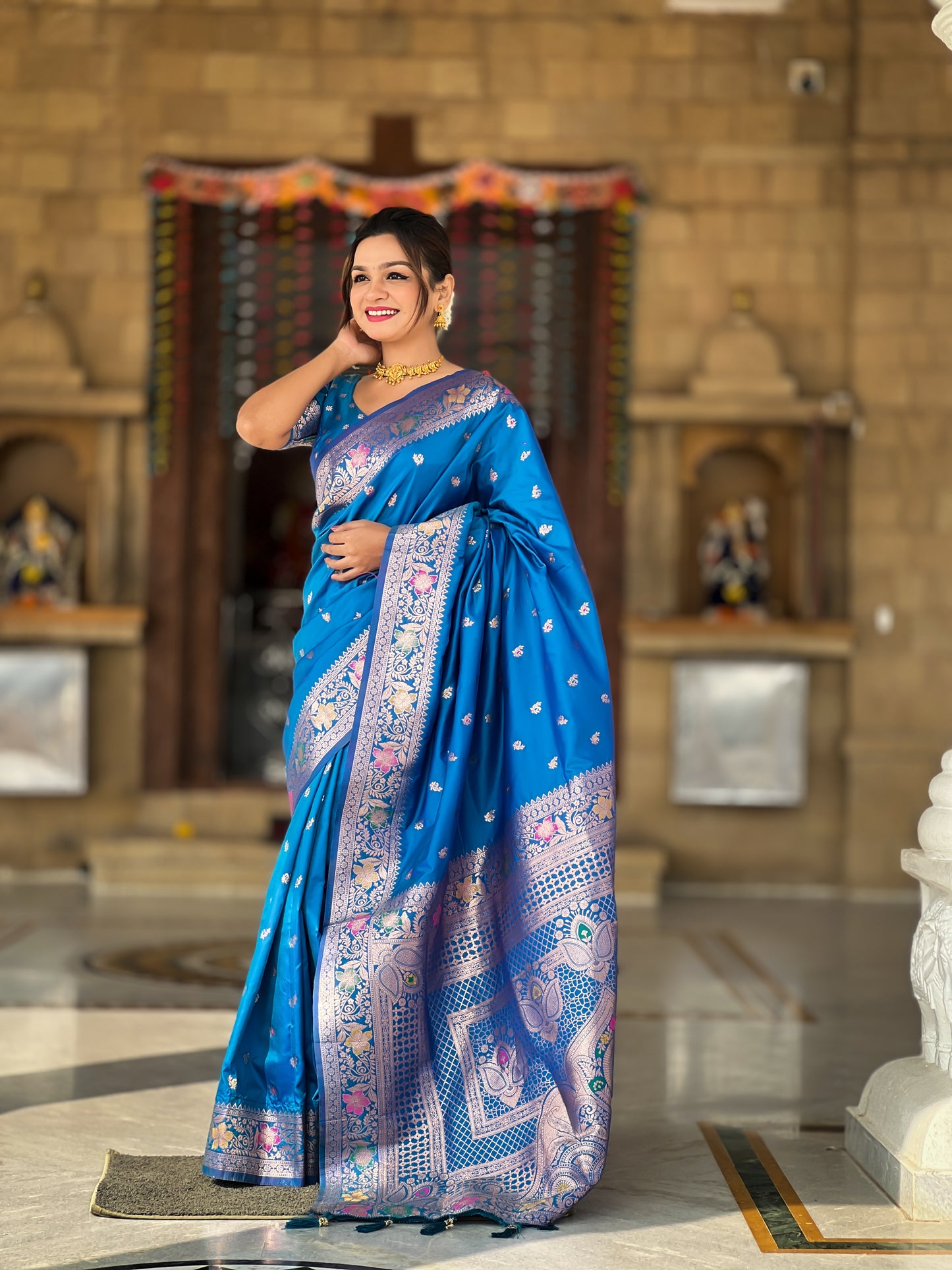 Sky Blue Zari Weaving Banarasi Saree With Blouse Piece