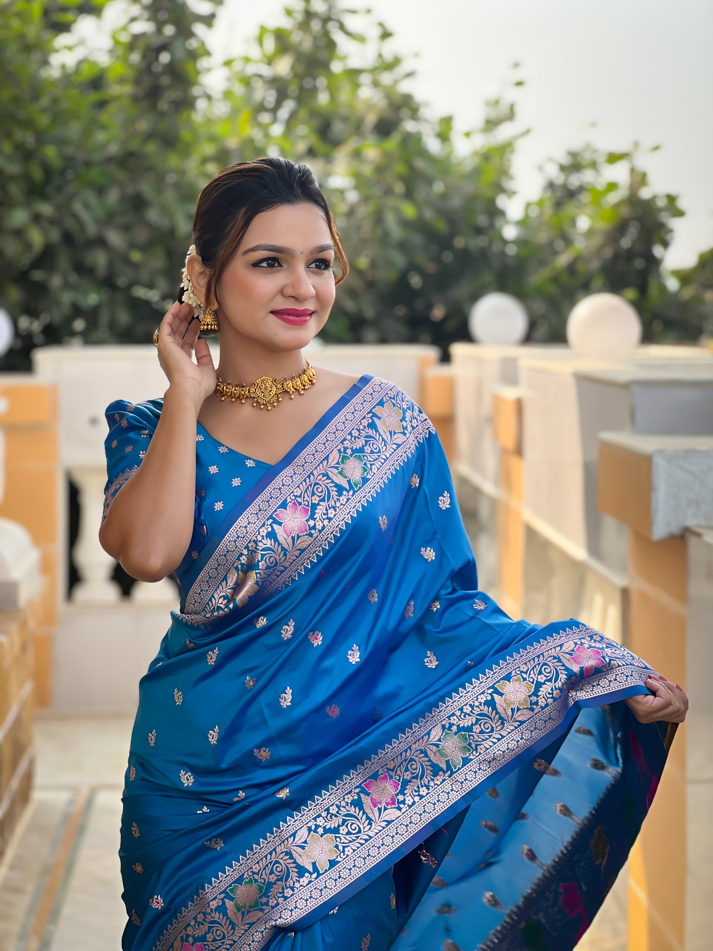 Sky Blue Zari Weaving Banarasi Saree With Blouse Piece
