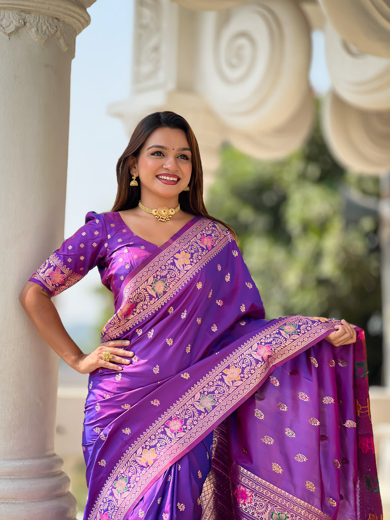 Purple Zari Weaving Banarasi Saree With Blouse Piece