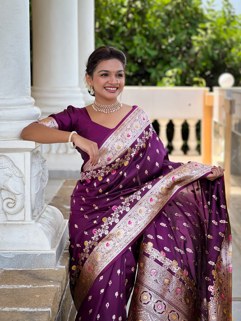 Wine Graceful Meena Banarasi Silk Saree With Blouse Piece