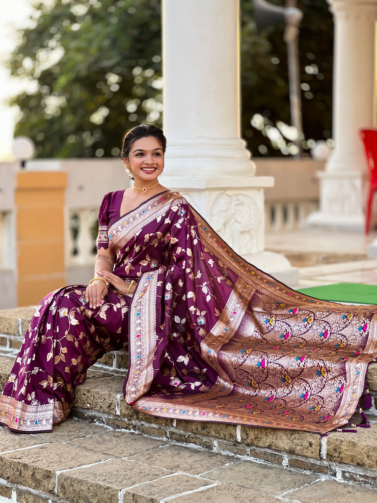 Wine Meenakari Banarasi Silk Saree With Silk Blouse Piece