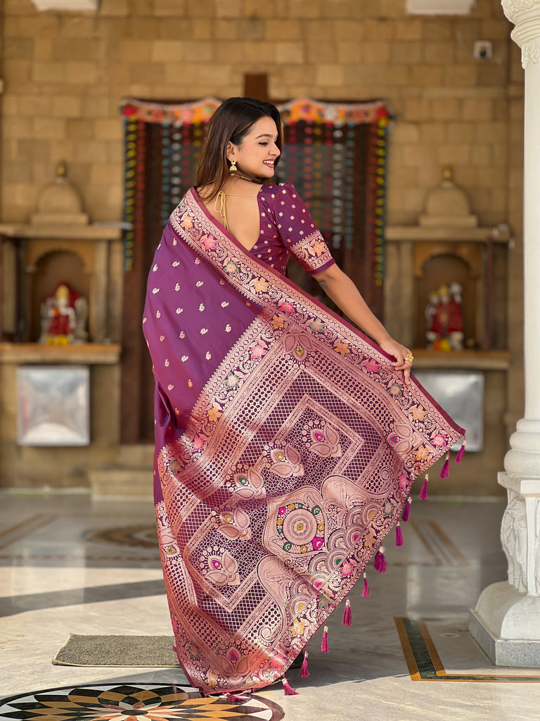 Wine Zari Weaving Banarasi Saree With Blouse Piece
