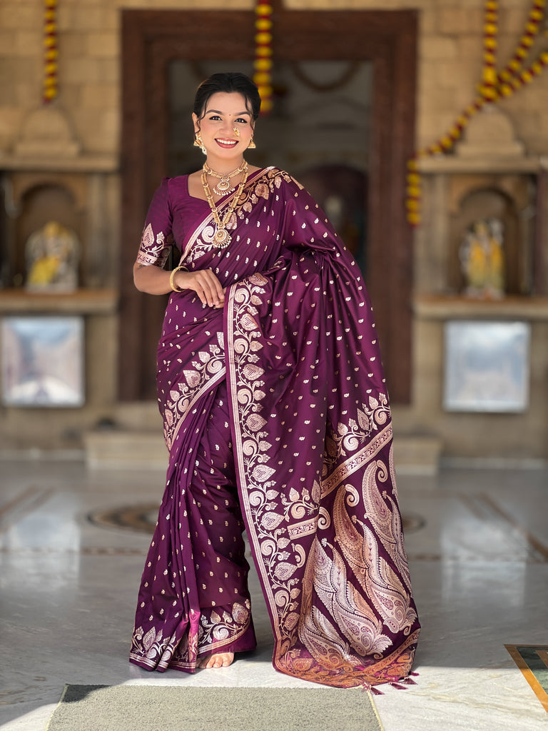 Wine Unique Meena Banarasi Silk Saree With Blouse Piece
