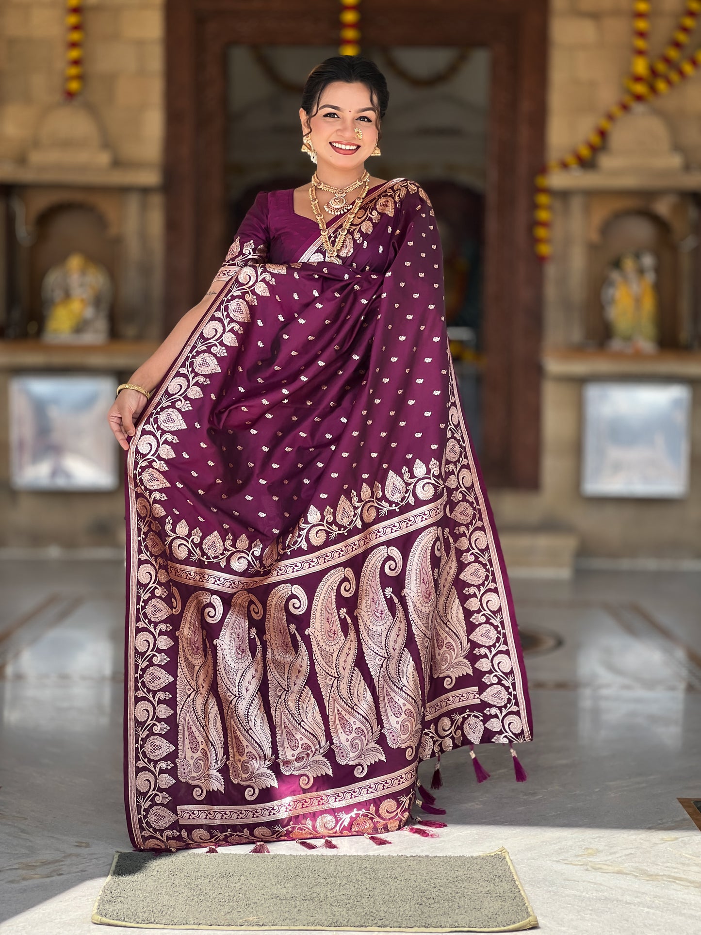 Wine Unique Meena Banarasi Silk Saree With Blouse Piece