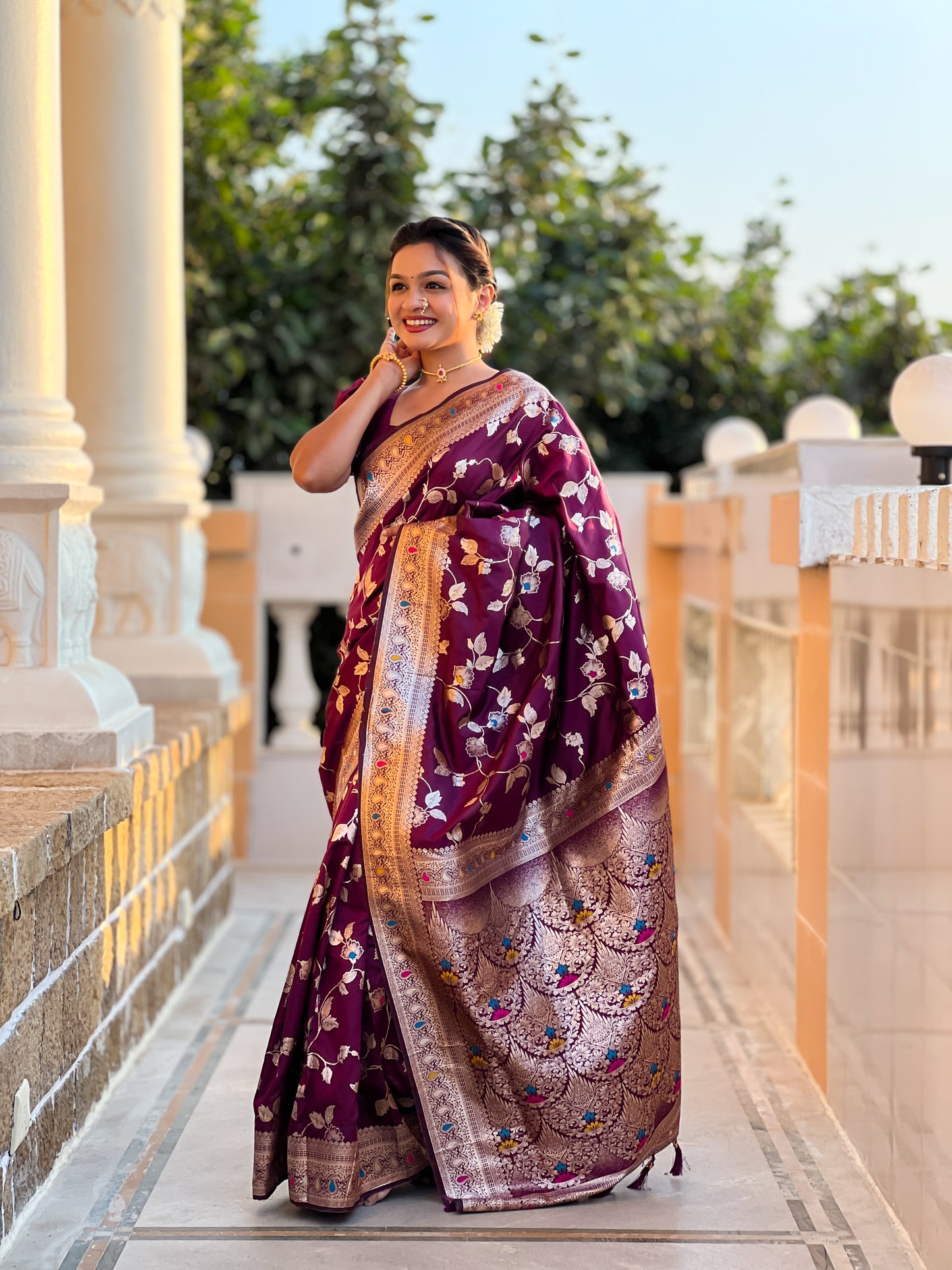 Wine Meenakari Banarasi Silk Saree With Silk Blouse Piece