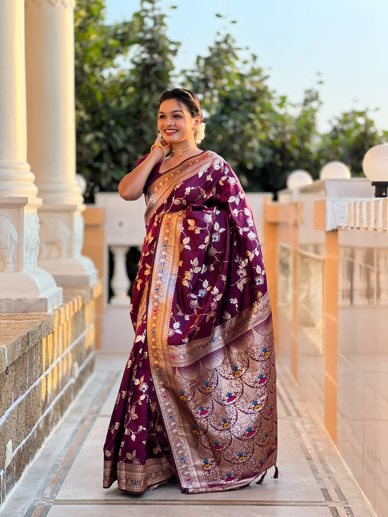 Wine Meenakari Banarasi Silk Saree With Silk Blouse Piece