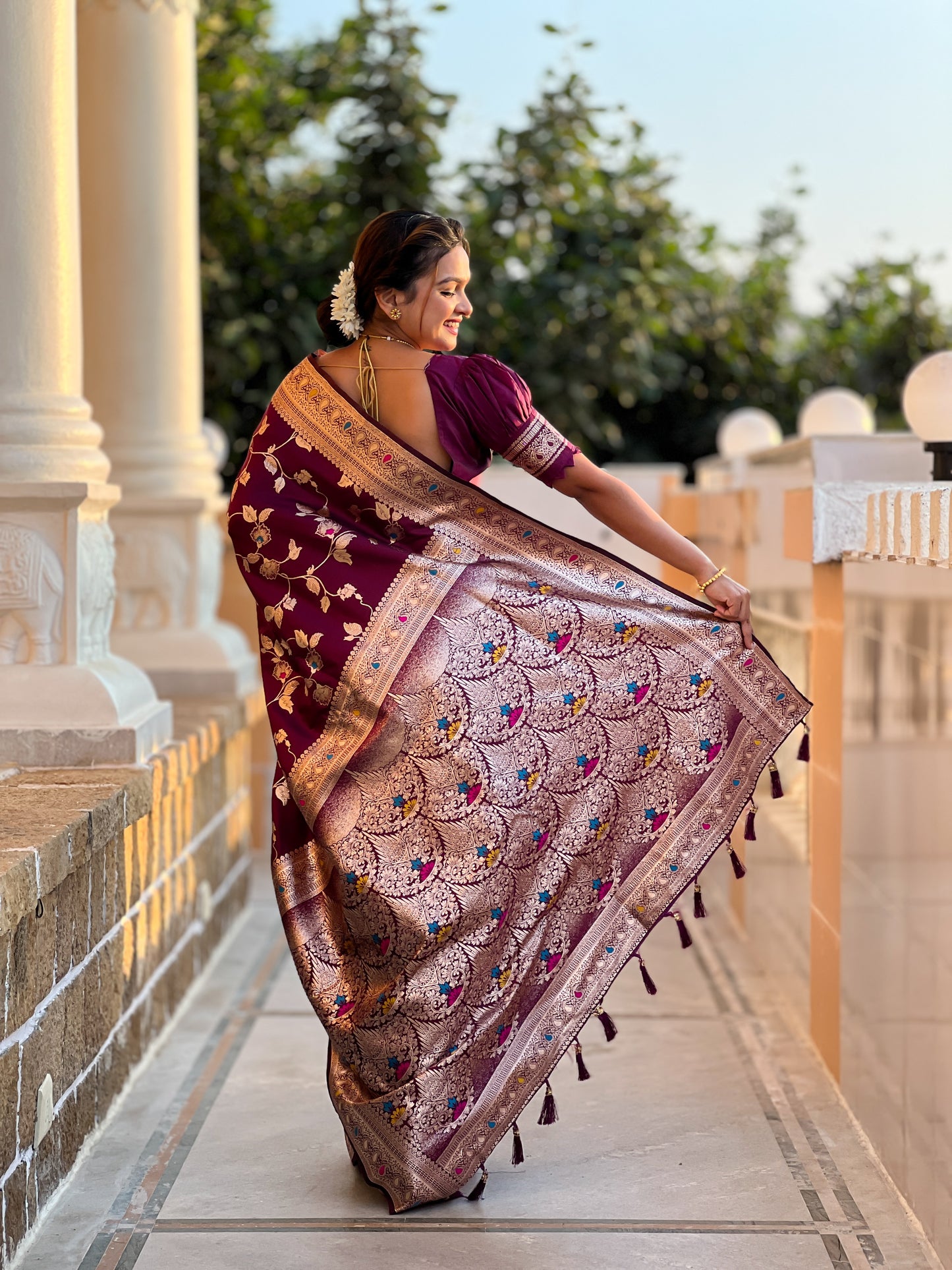 Wine Meenakari Banarasi Silk Saree With Silk Blouse Piece