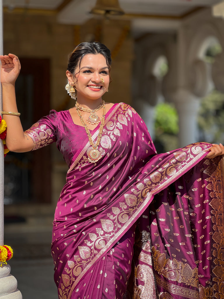 Wine Unique Meena Banarasi Silk Saree With Blouse Piece