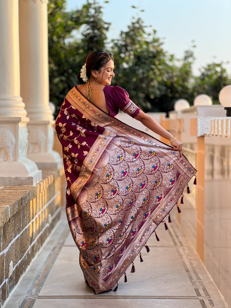 Wine Meenakari Banarasi Silk Saree With Silk Blouse Piece