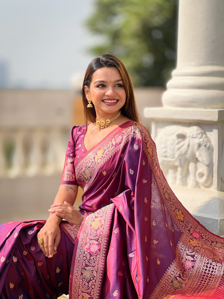 Wine Zari Weaving Banarasi Saree With Blouse Piece