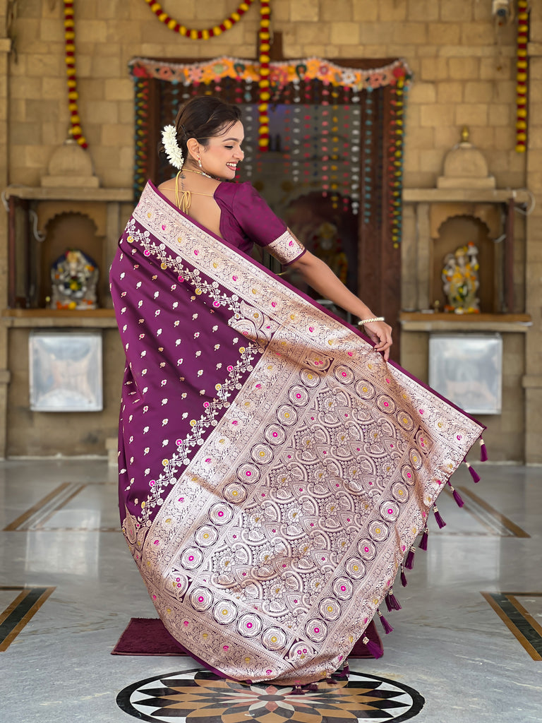 Wine Graceful Meena Banarasi Silk Saree With Blouse Piece