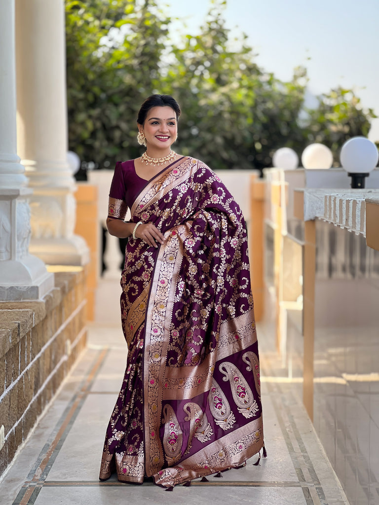 Wine Graceful Glow Banarasi Silk Saree With Blouse Piece