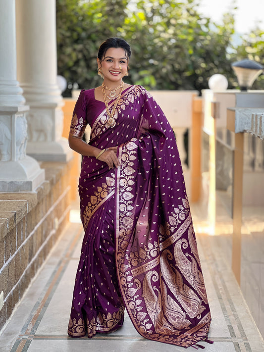 Wine Unique Meena Banarasi Silk Saree With Blouse Piece