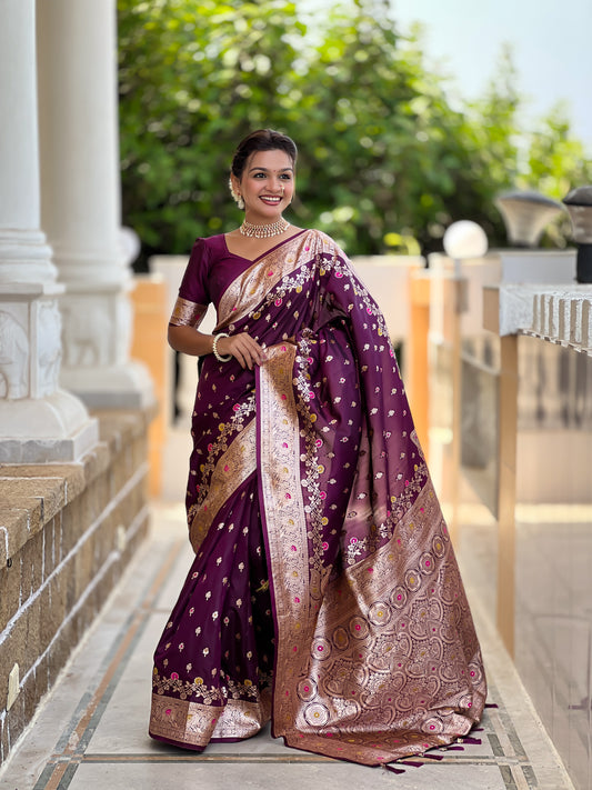 Wine Graceful Meena Banarasi Silk Saree With Blouse Piece