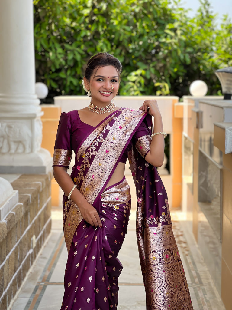 Wine Graceful Meena Banarasi Silk Saree With Blouse Piece