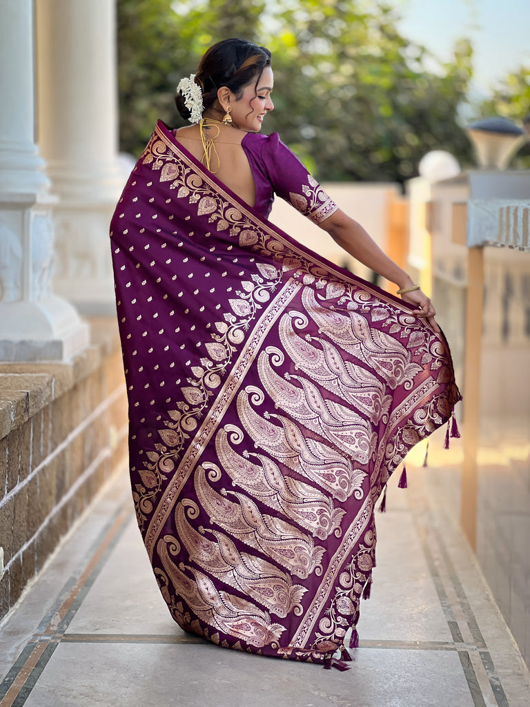 Wine Unique Meena Banarasi Silk Saree With Blouse Piece