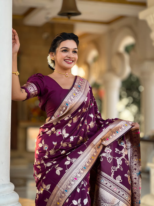 Wine Meenakari Banarasi Silk Saree With Silk Blouse Piece