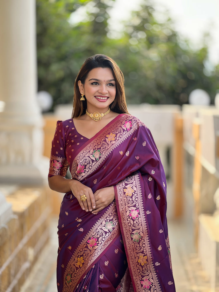 Wine Zari Weaving Banarasi Saree With Blouse Piece