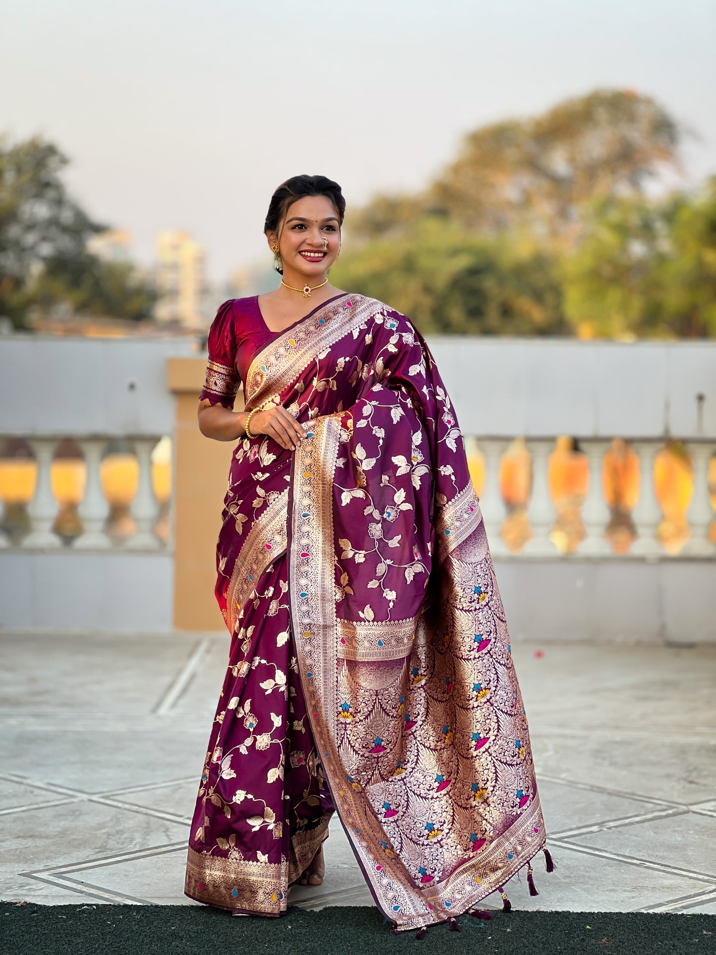 Wine Meenakari Banarasi Silk Saree With Silk Blouse Piece