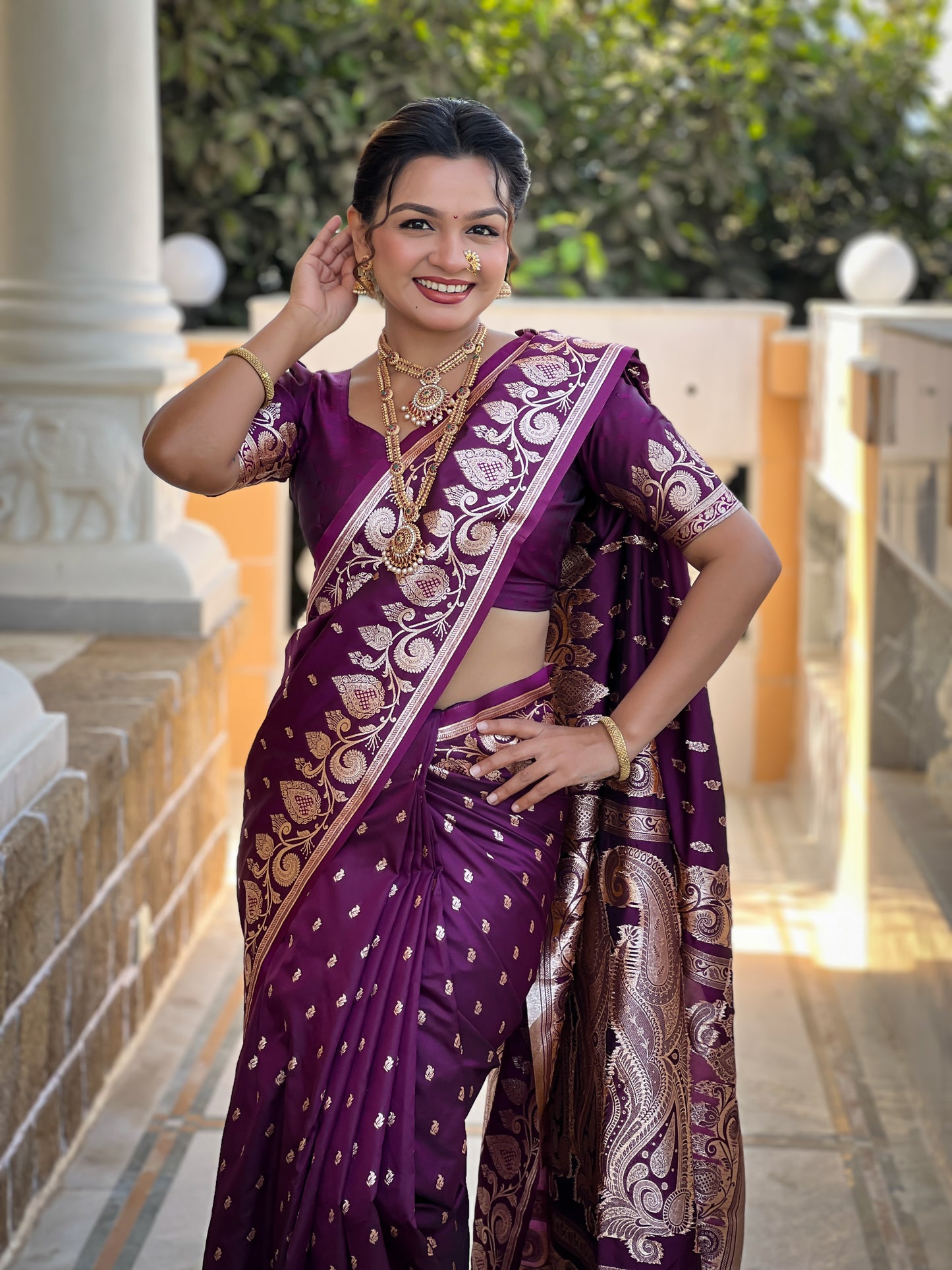 Wine Unique Meena Banarasi Silk Saree With Blouse Piece