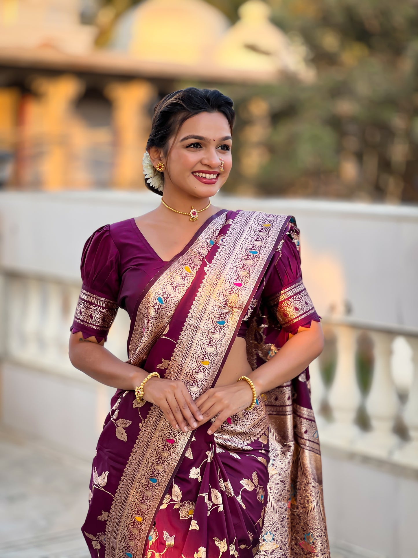 Wine Meenakari Banarasi Silk Saree With Silk Blouse Piece